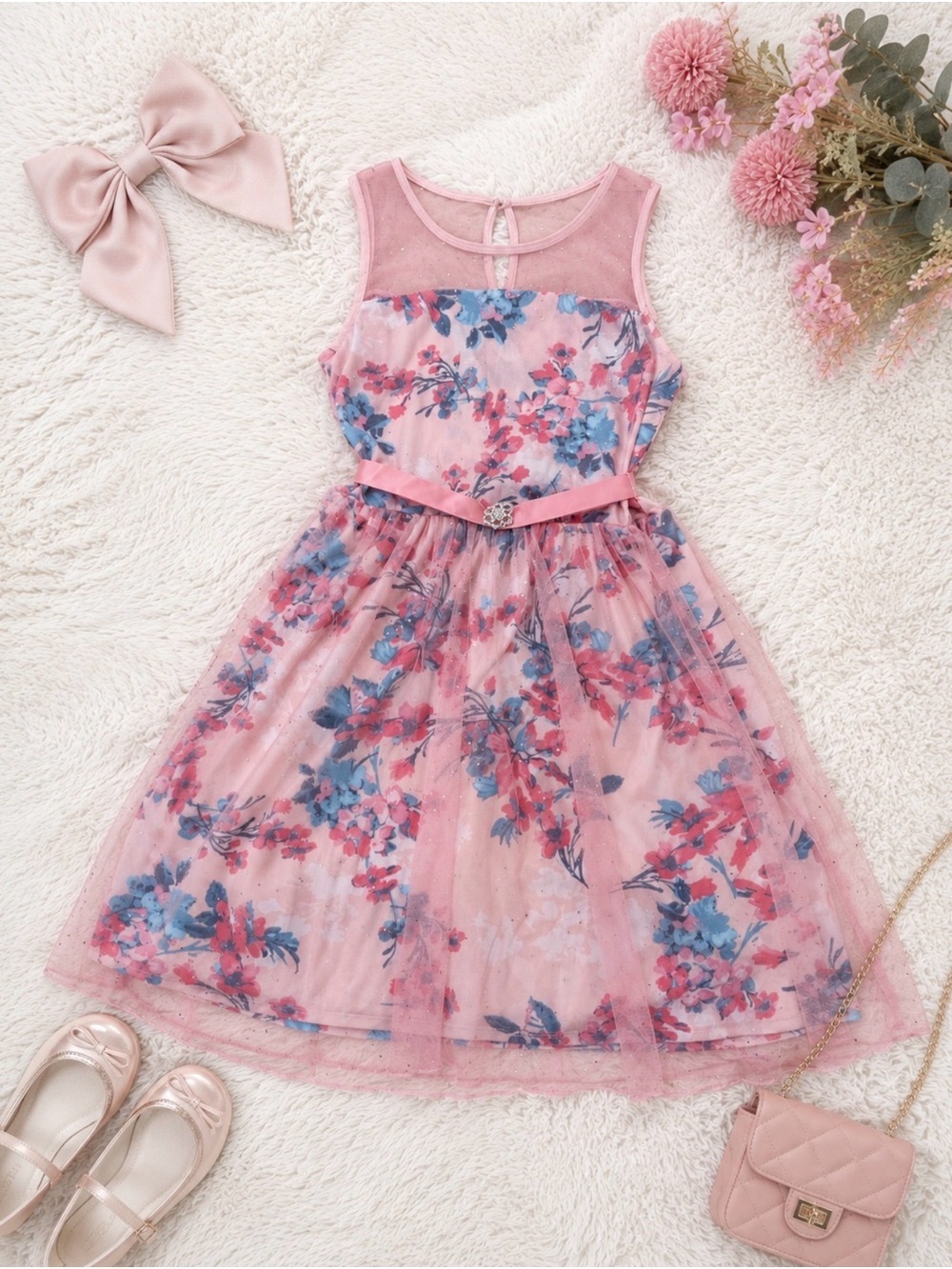 Girls Pink Floral Tulle Party Dress with Embellished Belt
